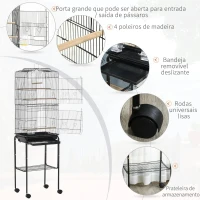 PawHut Gaiola para Passáros com Suporte Gaiola Metálica de Aves Canários com 4 Rodas Portas 4 Comedouros 3 Poleiros Bandeja Removível e Prateleira Inferior 46,5x36x157cm Preto(m-5)