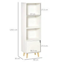 HOMCOM Estante com 3 Prateleiras Abertas e 1 Fechada com Porta Estante de Estilo Moderno para Armazenamento de Livros Brinquedos Plantas 40x30x129,5cm Branco(m-3)