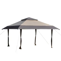 Outsunny Tenda dobrável 3,96x3.96 m com telhado duplo altura ajustável com bolsa de transporte de aço tecido Oxford Proteção UV para festas, casamentos Cáqui e café(m-1)