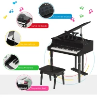 HOMCOM Piano de Cauda Infantil com 30 Teclas Banco Suporte de Partituras Piano para Crianças de MDF Instrumento Musical Educativo 52x50x49cm Preto(m-7)