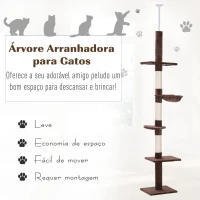 PawHut Árvore Arranhadora para Gatos Arranhador para Fixar ao Teto Altura Ajustável com Plataformas Poste de Sisal 40x34x230-260cm Marrom(m-4)