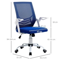 Vinsetto Cadeira de Escritório Ergonômica Giratória com Altura Ajustável Apoio para os Braços Dobrável Suporte Lombar e Encosto Transpirável 62,5x55x94-104cm Azul(m-3)