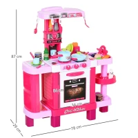 HOMCOM Cozinha para Crianças acima de 3 Anos Cozinha Infantil com 38 Acessórios Luz Som 78x29x87 cm Rosa(m-3)