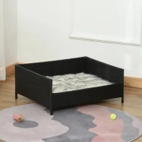 PawHut Sofá Cama para Cães de Vime Cama Elevada para Gatos Retangular com Almofada Suave e Lavável para Interior e Exterior 61x46x24,5cm Preto(m-2)