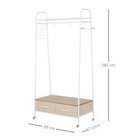 HOMCOM Suporte para Cabides de Metálico Cabideiro com Rodas Prateleira e 2 Gavetas para Organizar Roupas Bolsos 99x47x185cm Branco(m-3)