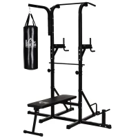 HOMCOM Estação de Musculação Dip com Banco de Pesos Reclinável Saco de Boxe e Barra de Elevação Torre de Treinamento Fitness 180x183x219cm Preto(m-1)