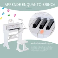 HOMCOM Piano Elétrico Infantil de 37 Teclas Conjunto de Piano com Microfone Banco Luzes e 22 Canções USB/MP3/Bluetooth Karaokê 53,5x27x63cm Branco(m-5)