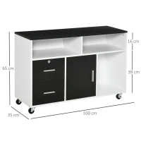 HOMCOM Móvel Auxiliar de Escritório Móvel Arquivador com Rodas Prateleiras Gaveta e Armário Multiuso com Grande Armazenamento 100x35x65cm Preto e Branco(m-3)