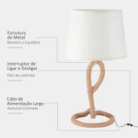 HOMCOM Candeeiro de Mesa Rústico com Base de Metal e Corda de Canhâmo Ecrã de Tecido Suporte para Lâmpadas E27 de Máx. 40W para Sala de Estar Dormitório Ø30x56cm Bege(m-6)