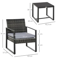 Outsunny Conjunto de Móveis de Jardim de vime 3 Peças com 1 Mesa 42,5x40x39 cm 2 Poltronas 63x57x76 cm Almofada Acolchoada para Pátio Varanda Cinza(m-3)