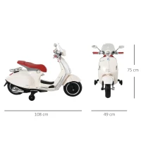 HOMCOM Mota Elétrica Vespa com Faróis Música 2 Rodas Auxiliares para Crianças acima de 3 Anos 108x49x75 cm Branco(m-3)