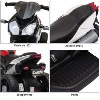 HOMCOM Motocicleta Elétrica Infantil com 3 Rodas Triciclo para Crianças acima de 3 anos com Bateria 6V Recarregável Funções de Música Buzina Faróis 86x42x52cm Preto e Vermelho(m-6)