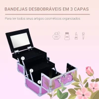 HOMCOM Estojo de Maquiagem Profissional Portátil de Cosméticos com Bandejas de 3 Níveis e Espelho 2 Chaves para Porta-Joias Manicure 15x15x20cm Rosa(m-6)