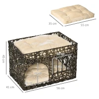 PawHut Cesta de Vime para Gatos de 2 Alturas Cama Caverna de Gatos com 2 Almofadas Suaves e Janela 56x41x45cm Café Escuro(m-3)