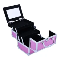 HOMCOM Estojo de Maquiagem Profissional Portátil de Cosméticos com Bandejas de 3 Níveis e Espelho 2 Chaves para Porta-Joias Manicure 15x15x20cm Rosa(m-8)
