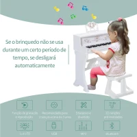 HOMCOM Piano Elétrico Infantil de 37 Teclas Conjunto de Piano com Microfone Banco Luzes e 22 Canções USB/MP3/Bluetooth Karaokê 53,5x27x63cm Branco(m-4)