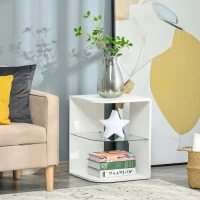 HOMCOM Mesa Auxiliar Moderna Mesa de Cabeceira com 3 Prateleiras 1 de Vidro para Sala de Estar Dormitório 40x40x56cm Branco(m-2)