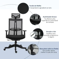 Vinsetto Cadeira de Escritório Ergonômica Giratória e Reclinável com Altura Ajustável Apoio para os Braços Apoio para a Cabeça e Suporte Lombar Regulável 66,5x66x109-118cm Preto(m-8)