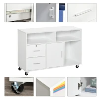 HOMCOM Móvel Auxiliar de Escritório Móvel Arquivador com Rodas Prateleiras Gaveta e Armário Multiuso com Grande Armazenamento 100x35x65cm Branco(m-7)