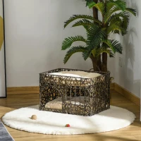 PawHut Cesta de Vime para Gatos de 2 Alturas Cama Caverna de Gatos com 2 Almofadas Suaves e Janela 56x41x45cm Café Escuro(m-2)