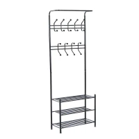 HOMCOM Móvel Cabide de Entrada com 18 Ganchos e Sapateira Armário de Entrada com Cabide com 3 Prateleiras 67x30x185 cm Preto(m-1)