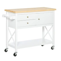 HOMCOM Carrinho de Cozinha com Rodas Aparador Multifuncional com Armário 2 Gavetas Prateleira e Barra para Panos 108x45x89cm Branco(m-1)