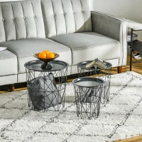HOMCOM Conjunto de 3 mesas laterais empilháveis Cestos de metal com bandeja removível e espaço de armazenamento Estilo moderno para sala de estar Diâmetro Ø43 Ø35 e Ø30 cinza(m-2)