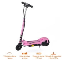 HOMCOM Trotinete Elétrico Dobrável Suporta até 50kg com Altura Ajustável Scooter Elétrica com Interruptor de Inicio e Freios 75x36x82-93cm Rosa(m-6)