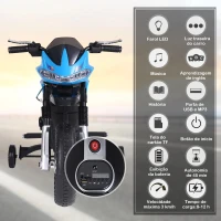 HOMCOM Mota Elétrica Infantil Motocicleta para Crianças acima de 3 anos Bateria 6V com Luzes e Música 105x52,3x62,3 cm Azul(m-4)