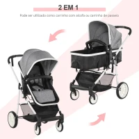 HOMCOM Carrinho de Bebé 2 em 1 Carrinho de Passeio e Alcofa para Crianças de 0 a 36 Meses com Capota Dobrável Encosto Inclinável Cesta Grande Alavanca de Freio Carga 15kg 80x51x102cm Cinza(m-4)