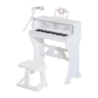 HOMCOM Piano Elétrico Infantil de 37 Teclas Conjunto de Piano com Microfone Banco Luzes e 22 Canções USB/MP3/Bluetooth Karaokê 53,5x27x63cm Branco(m-1)