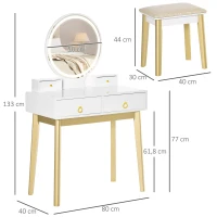 HOMCOM Toucador com Espelho com Luz LED e Banco Conjunto de Mesa de Maquilhagem com 4 Gavetas de Armazenamento para Dormitório 80x40x133cm Branco(m-3)
