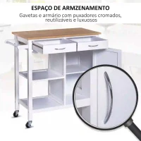 HOMCOM Carrinho de Cozinha Multiusos Carrinho Auxiliar com Rodas Prateleiras Armário e Gavetas para Cozinha 88,5x40x86cm Branco e Madeira Natural(m-7)