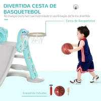 HOMCOM Escorrega Infantil Dobrável com Cesta de Basquetebol para Crianças acima de 18 meses Modelo Disco Voador para Interiores e Exteriores 140x87x75cm Azul e Cinza(m-5)