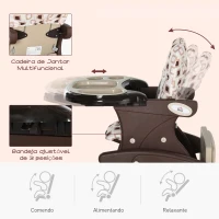 HOMCOM Cadeira para bebês 3 em 1 por mais de 6 meses Transformar em mesa e cadeira multifuncional Ajustável em 3 posições encosto alto Acolchoado com 2 bandejas removíveis 57x59x105 cm Marrom(m-4)