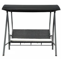 Outsunny Baloiço de Jardim de Vime PE com 3 Lugares Estrutura de Metal Almofada Toldo Ajustável Balcão Terraço Patio Carga Máx. 360kg 198x124x179cm Preto(m-1)