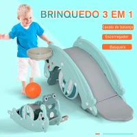 HOMCOM  Rã de cavalo de balanço 3 em 1 para crianças acima de 3 anos escorrega aro de basquetebol verde(m-6)