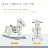 HOMCOM Cavalo Baloiço para Crianças de 18-36 Meses Cavalo de Balançar com Ursinho de Pelúcia Sons de Relinchos e Galopes base de Madeira 65x26x55cm Branco(m-5)