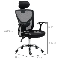Vinsetto Cadeira de Escritório Ergonômica Cadeira de Escritório Giratória com Altura Ajustável Função Reclinável Apoio para a Cabeça e Suporte Lombar 65x67x108-118cm Preto(m-3)