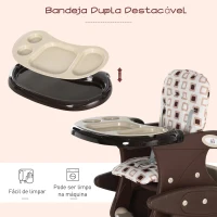 HOMCOM Cadeira para bebês 3 em 1 por mais de 6 meses Transformar em mesa e cadeira multifuncional Ajustável em 3 posições encosto alto Acolchoado com 2 bandejas removíveis 57x59x105 cm Marrom(m-7)