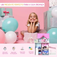 HOMCOM Casa de bonecas 3 andares com Pátio Mobília acessórios Madeira 86x30x87 cm Rosa(m-5)