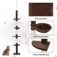 PawHut Árvore Arranhadora para Gatos Arranhador para Fixar ao Teto Altura Ajustável com Plataformas Poste de Sisal 40x34x230-260cm Marrom(m-6)
