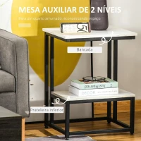HOMCOM Mesa Auxiliar de 2 Níveis Mesa Lateral de Sofá em Forma de C com Superfície de Imitação de Mármore e Estrutura de Aço para Sala de Estar 45x40x61,5cm Branco e Preto(m-4)