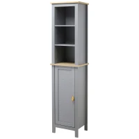 Kleankin Armário de banheiro alto móvel de coluna estreita com 1 porta de prateleira ajustável e 3 compartimentos abertos 39x30x168 cm Cinza(m-1)