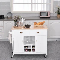 HOMCOM Ilha de Cozinha com Rodas com Gavetas Suporte para Garrafas Armários e Prateleira 113x45x89 cm Branco e Madeira(m-2)