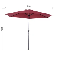 Outsunny Chapéu de Sol de Jardim Ø270x235cm Chapéu de Sol de Alumínio Reclinável com Manivela e 6 Hastes para Terraço Exterior Balcão Vermelho Escuro(m-3)