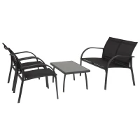 Outsunny Conjunto de móveis de jardim para interior e exterior em aço e vidro Quatro peças: 1 mesa, 2 poltronas e 1 sofá 65x110x78cm Preto(m-1)