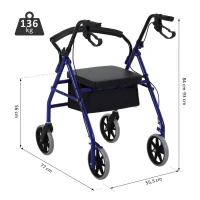 HOMCOM Andador para Adultos Dobrável com Armazenamento Assento e Travão 65x53x79-89cm Azul e Preto(m-3)