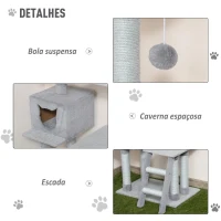 PawHut Árvore Arranhadora para Gatos Torre de Escalada com Plataformas Escada Caverna Postes de Juta e Bola Suspensa 60,5x40x124cm Cinza(m-6)