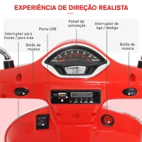 HOMCOM Mota Elétrica para Crianças com Licença Vespa com Música Velocidade 2-3 km/h e Buzina 102x50,5x75,5 cm Vermelha(m-5)
